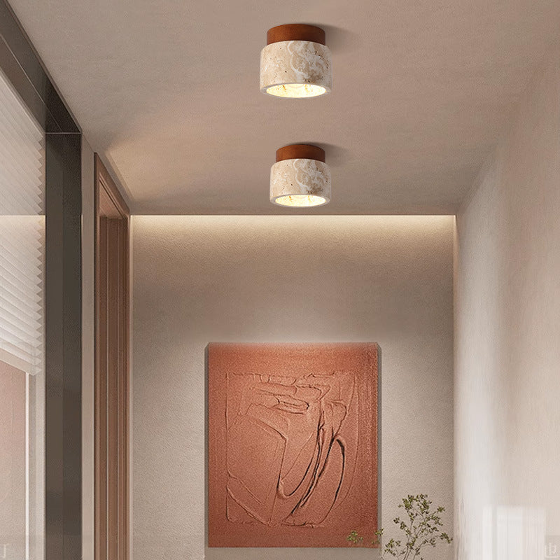 Traditional Japanese Round Yellow Travertine Glass Semi-Flush Mount Ceiling Light for Hallways