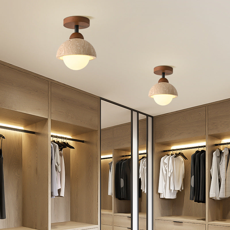 Traditional Japanese Round Yellow Travertine Glass Semi-Flush Mount Ceiling Light for Hallways