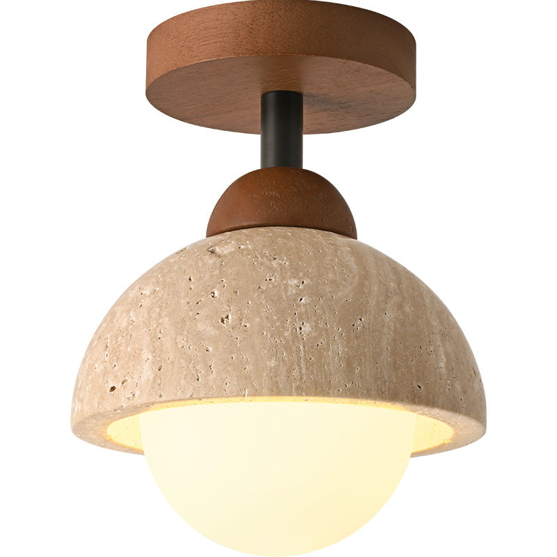 Traditional Japanese Round Yellow Travertine Glass Semi-Flush Mount Ceiling Light for Hallways