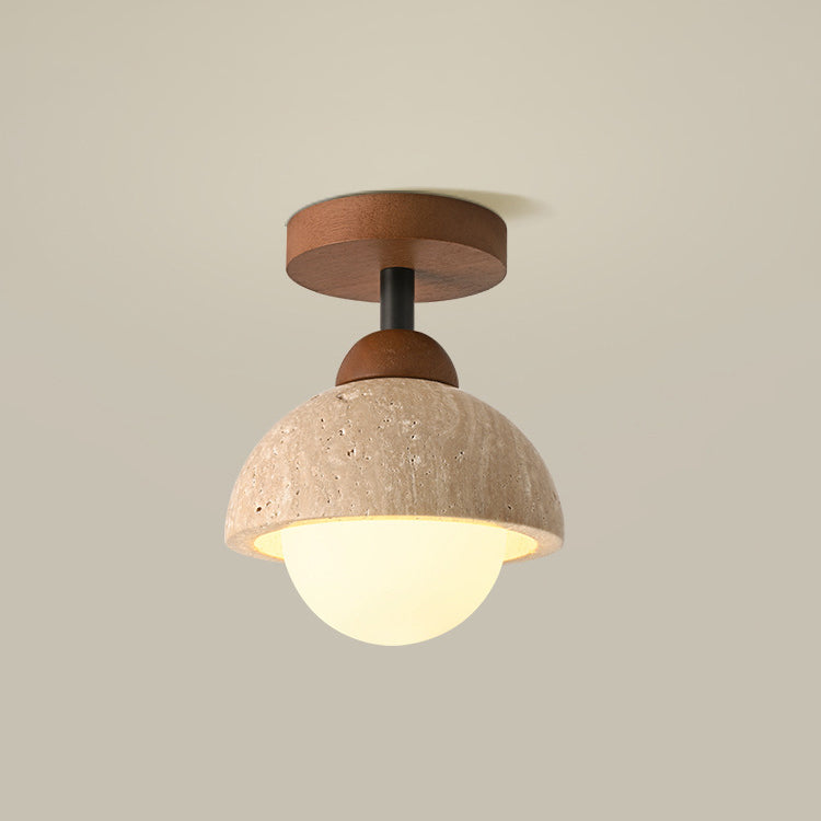 Traditional Japanese Round Yellow Travertine Glass Semi-Flush Mount Ceiling Light for Hallways