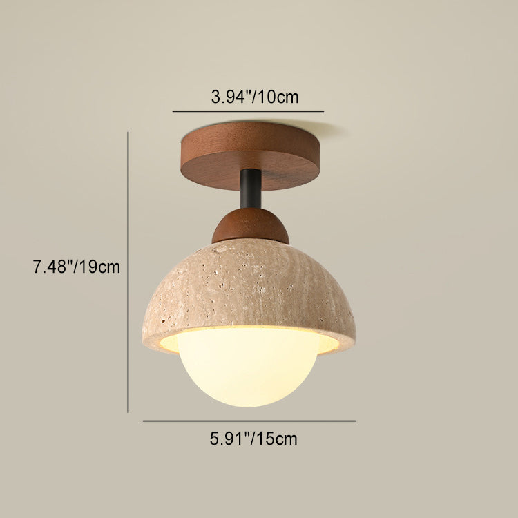 Traditional Japanese Round Yellow Travertine Glass Semi-Flush Mount Ceiling Light for Hallways