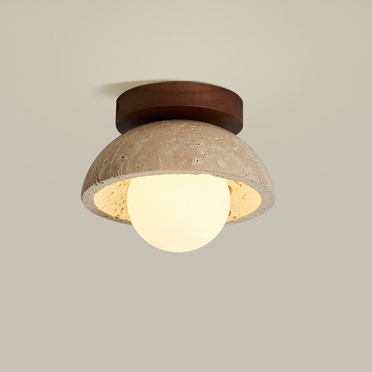 Traditional Japanese Round Yellow Travertine Glass Semi-Flush Mount Ceiling Light for Hallways