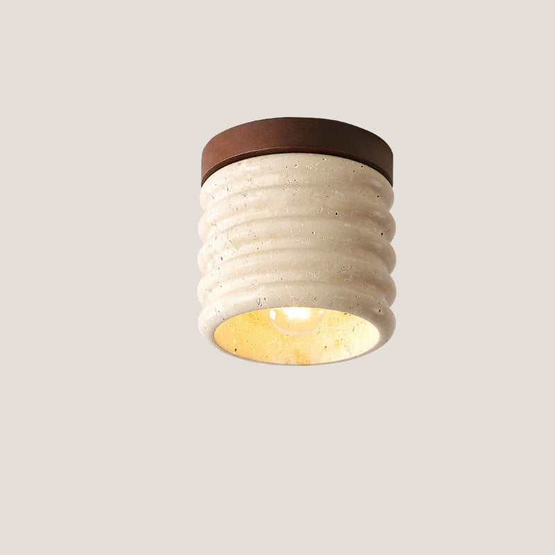 Traditional Japanese Round Yellow Travertine Glass Semi-Flush Mount Ceiling Light for Hallways