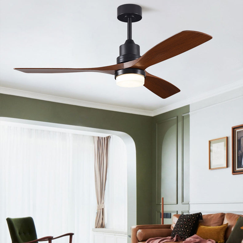 Contemporary Nordic Ceiling Fan Light - 3 Fan Blades, Carbon Steel, Solid Wood, LED Downrods for Living Room