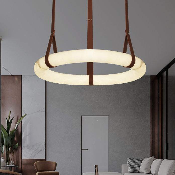 Contemporary Nordic Round Leather Copper LED Chandelier for Living Room