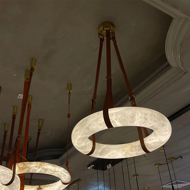 Contemporary Nordic Round Leather Copper LED Chandelier for Living Room