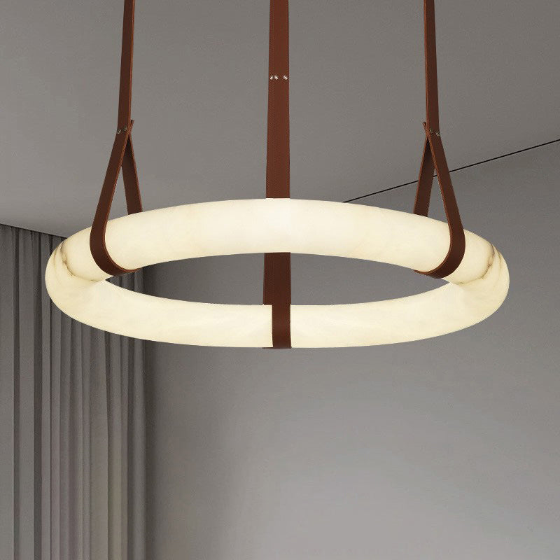 Contemporary Nordic Round Leather Copper LED Chandelier for Living Room