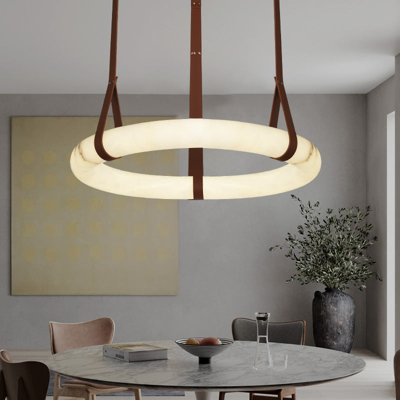 Contemporary Nordic Round Leather Copper LED Chandelier for Living Room