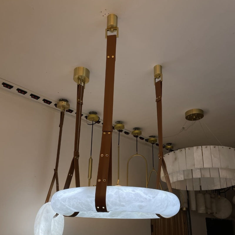 Contemporary Nordic Round Leather Copper LED Chandelier for Living Room
