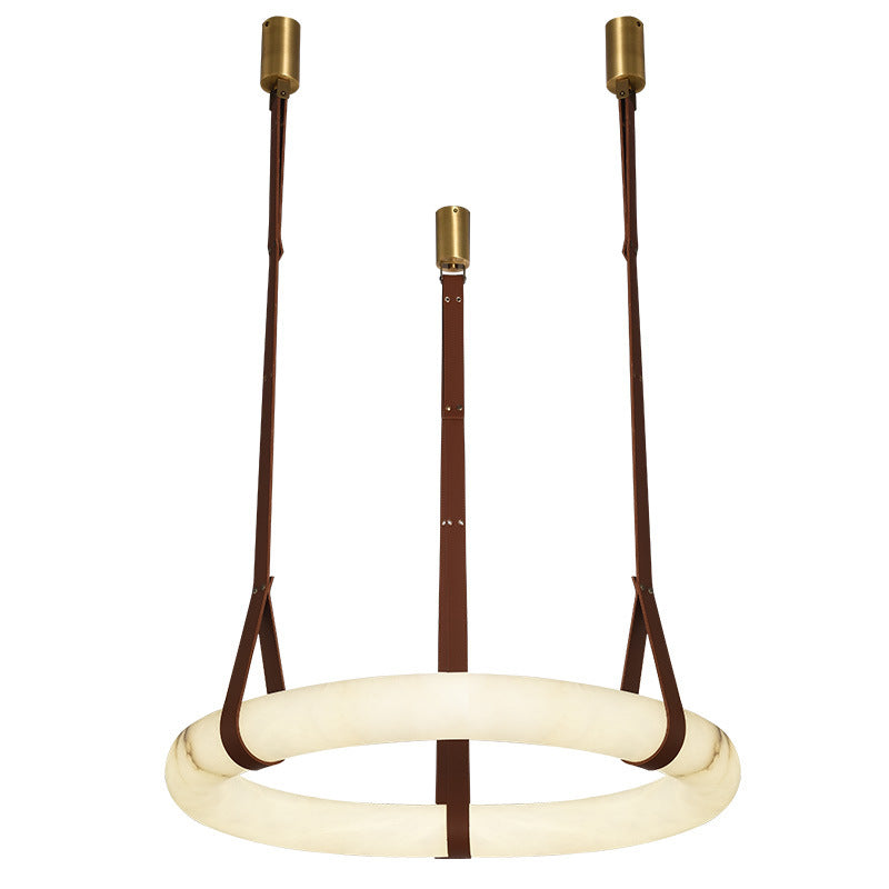 Contemporary Nordic Round Leather Copper LED Chandelier for Living Room