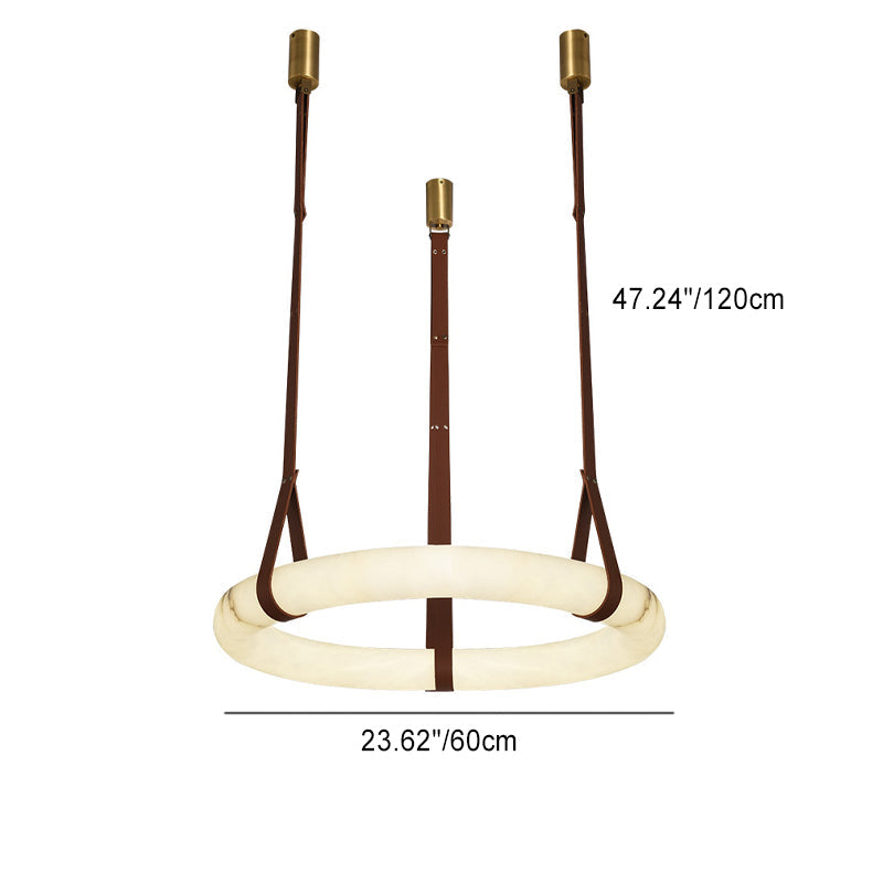Contemporary Nordic Round Leather Copper LED Chandelier for Living Room
