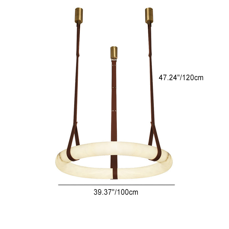 Contemporary Nordic Round Leather Copper LED Chandelier for Living Room