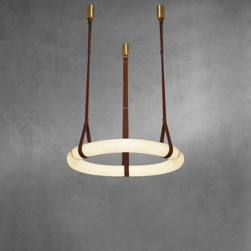 Contemporary Nordic Round Leather Copper LED Chandelier for Living Room