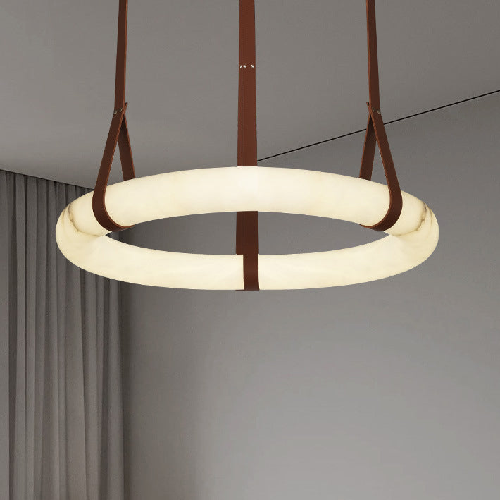 Contemporary Nordic Round Leather Copper LED Chandelier for Living Room