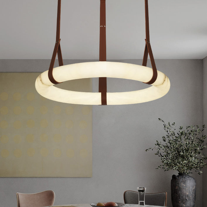 Contemporary Nordic Round Leather Copper LED Chandelier for Living Room