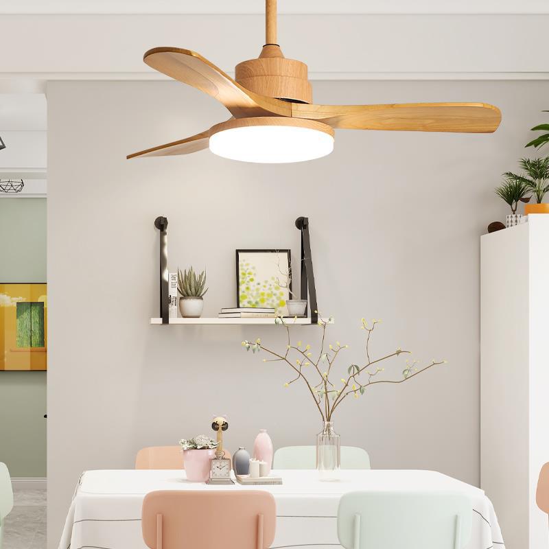 Contemporary Nordic Ceiling Fan with LED Lights - Solid Wood, Acrylic Hardware, 3 Blades for Dining Room