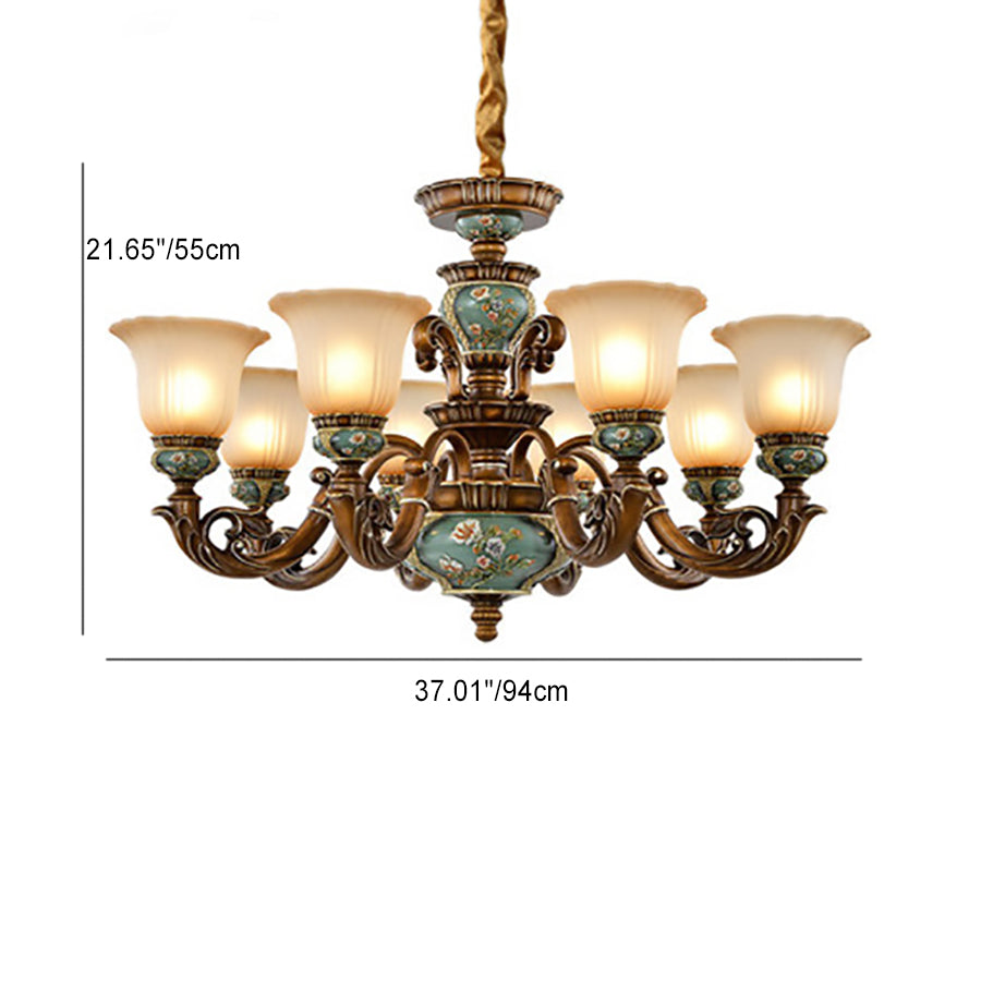 European Flower Pattern Chandelier - Light Resin Iron Glass for Living Room, 3/6/8/10 Petals