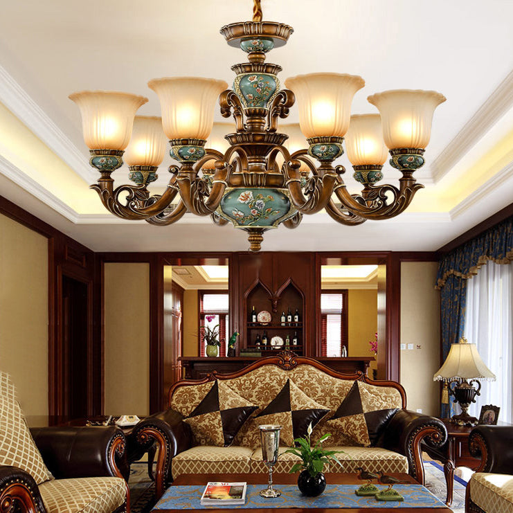 European Flower Pattern Chandelier - Light Resin Iron Glass for Living Room, 3/6/8/10 Petals