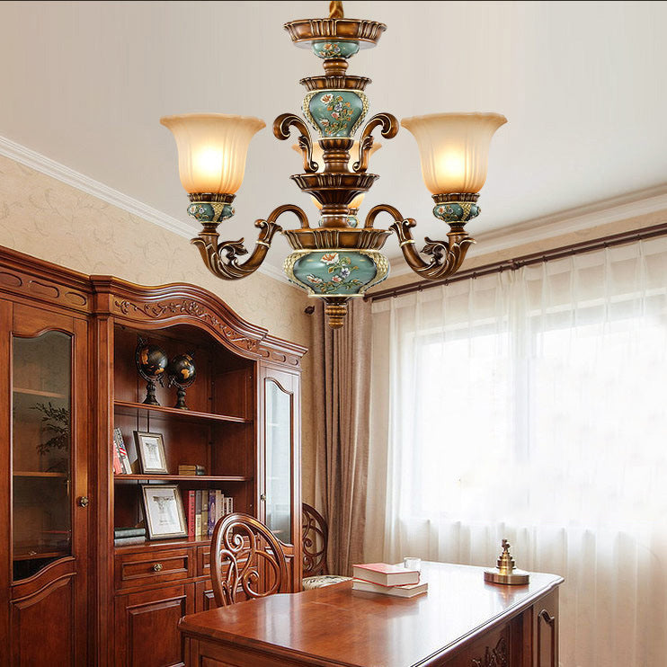 European Flower Pattern Chandelier - Light Resin Iron Glass for Living Room, 3/6/8/10 Petals