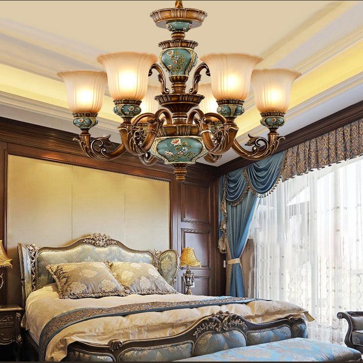 European Flower Pattern Chandelier - Light Resin Iron Glass for Living Room, 3/6/8/10 Petals