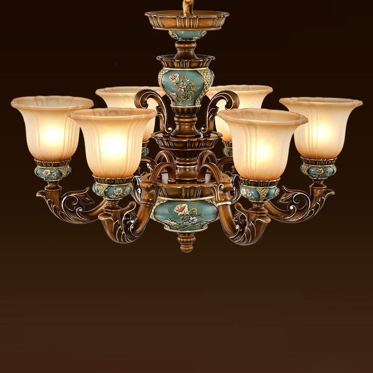 European Flower Pattern Chandelier - Light Resin Iron Glass for Living Room, 3/6/8/10 Petals