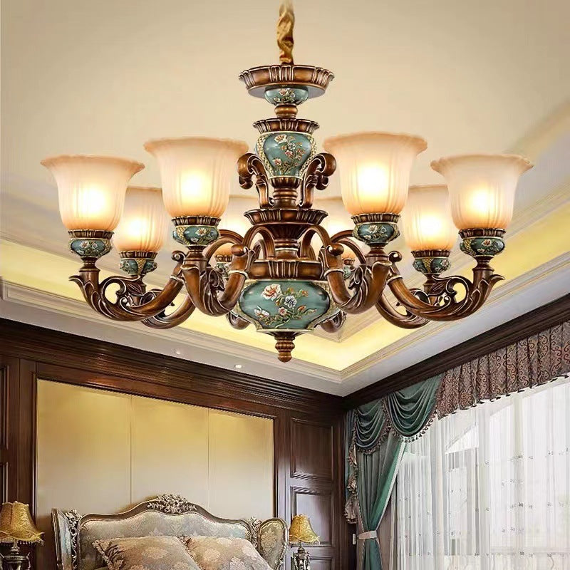 European Flower Pattern Chandelier - Light Resin Iron Glass for Living Room, 3/6/8/10 Petals