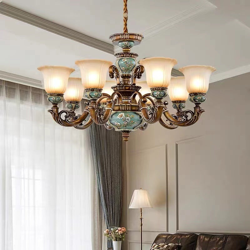 European Flower Pattern Chandelier - Light Resin Iron Glass for Living Room, 3/6/8/10 Petals