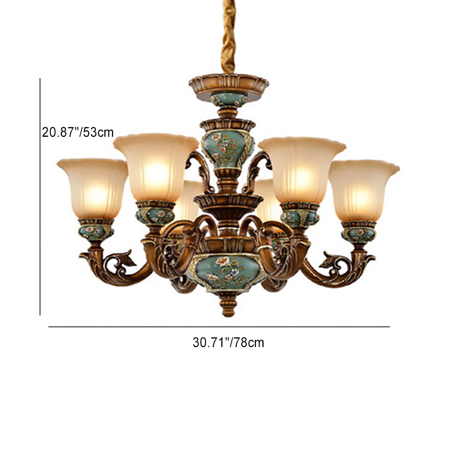 European Flower Pattern Chandelier - Light Resin Iron Glass for Living Room, 3/6/8/10 Petals
