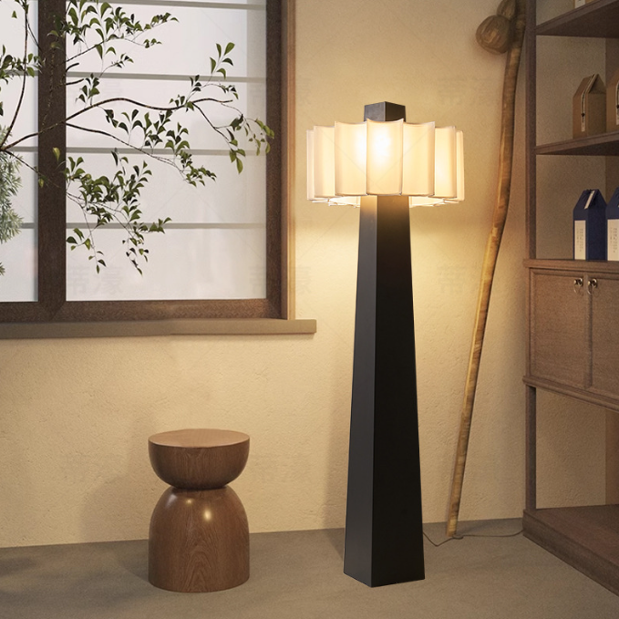 Traditional Japanese Fabric 4-Light Floor Lamp with Iron Hardware for Living Room