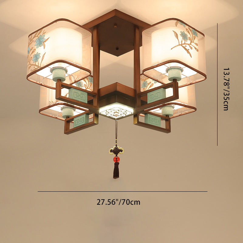 Traditional Chinese Square Fabric Pattern Embroidery Lampshade Chandelier – 4/6/8 Light for Living Room