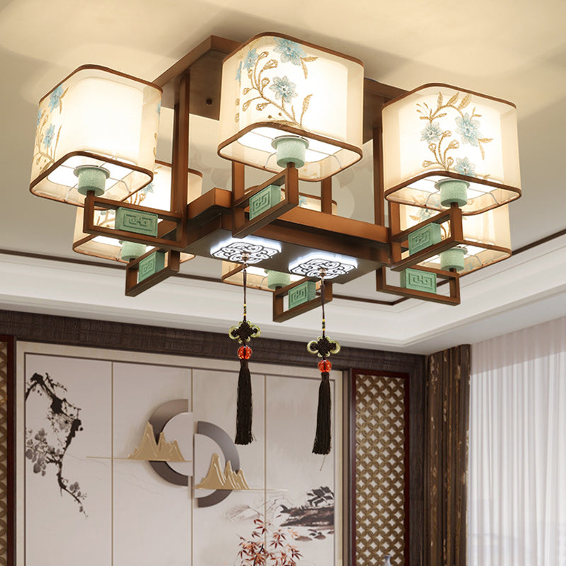 Traditional Chinese Square Fabric Pattern Embroidery Lampshade Chandelier – 4/6/8 Light for Living Room