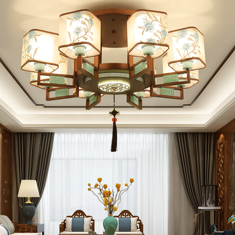 Traditional Chinese Square Fabric Pattern Embroidery Lampshade Chandelier – 4/6/8 Light for Living Room