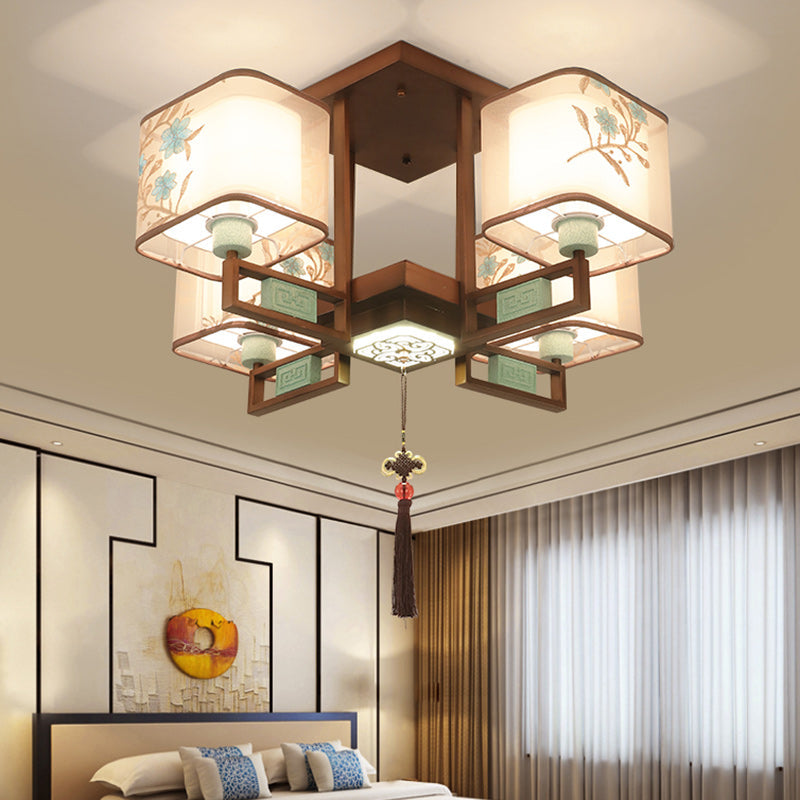 Traditional Chinese Square Fabric Pattern Embroidery Lampshade Chandelier – 4/6/8 Light for Living Room