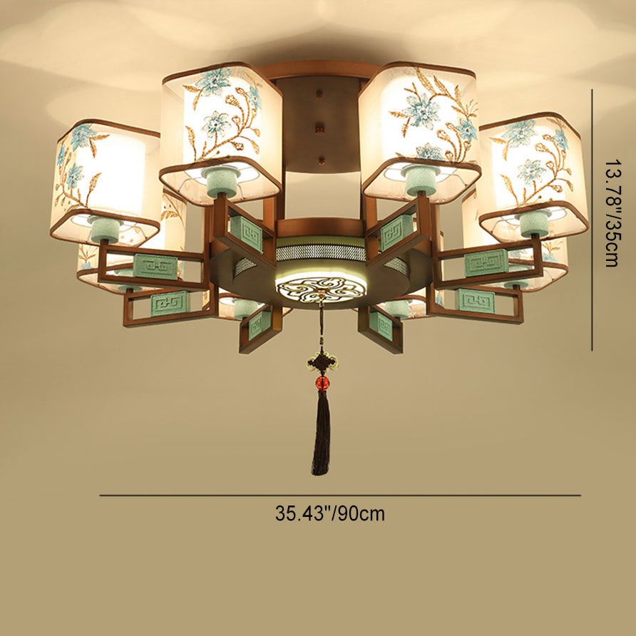 Traditional Chinese Square Fabric Pattern Embroidery Lampshade Chandelier – 4/6/8 Light for Living Room
