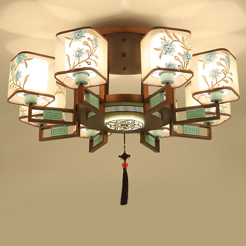 Traditional Chinese Square Fabric Pattern Embroidery Lampshade Chandelier – 4/6/8 Light for Living Room