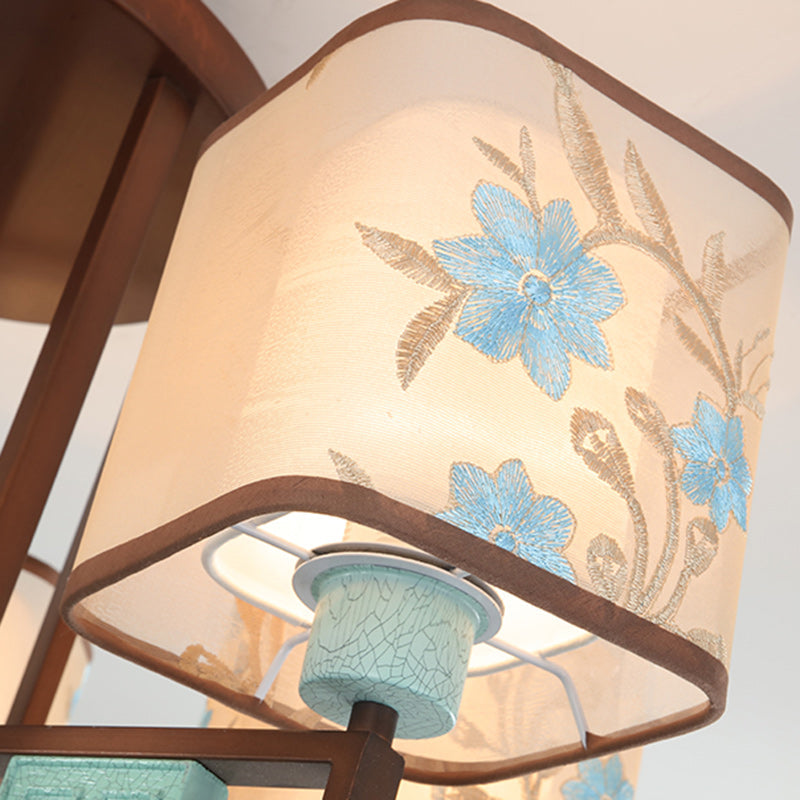 Traditional Chinese Square Fabric Pattern Embroidery Lampshade Chandelier – 4/6/8 Light for Living Room