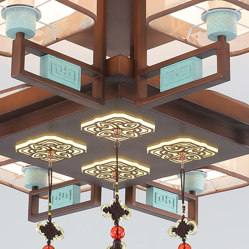 Traditional Chinese Square Fabric Pattern Embroidery Lampshade Chandelier – 4/6/8 Light for Living Room