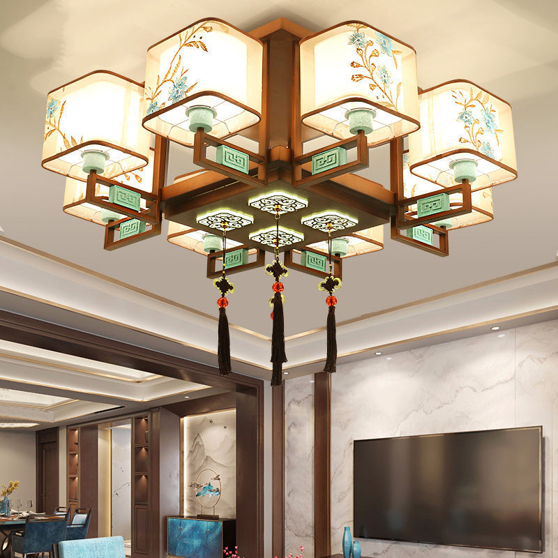 Traditional Chinese Square Fabric Pattern Embroidery Lampshade Chandelier – 4/6/8 Light for Living Room