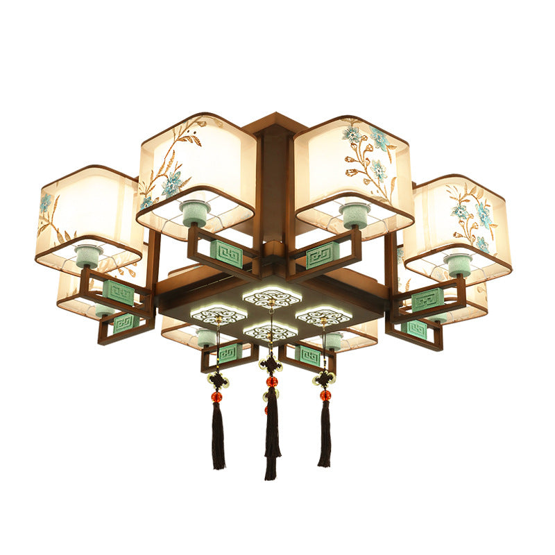 Traditional Chinese Square Fabric Pattern Embroidery Lampshade Chandelier – 4/6/8 Light for Living Room