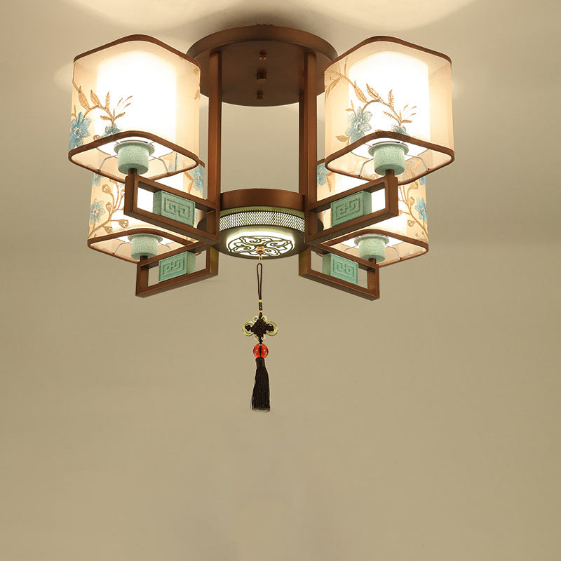 Traditional Chinese Square Fabric Pattern Embroidery Lampshade Chandelier – 4/6/8 Light for Living Room