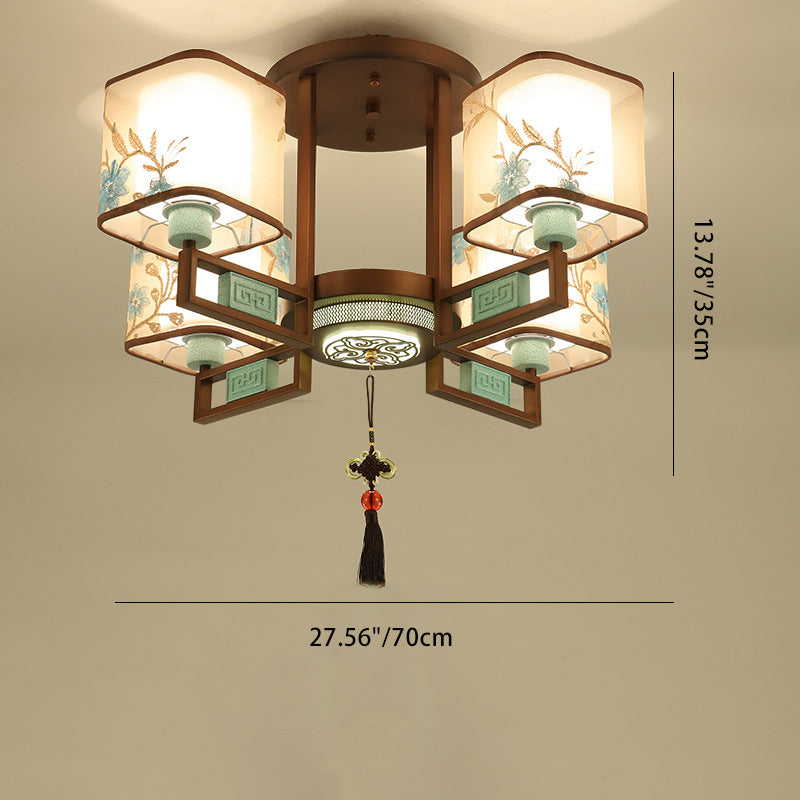 Traditional Chinese Square Fabric Pattern Embroidery Lampshade Chandelier – 4/6/8 Light for Living Room