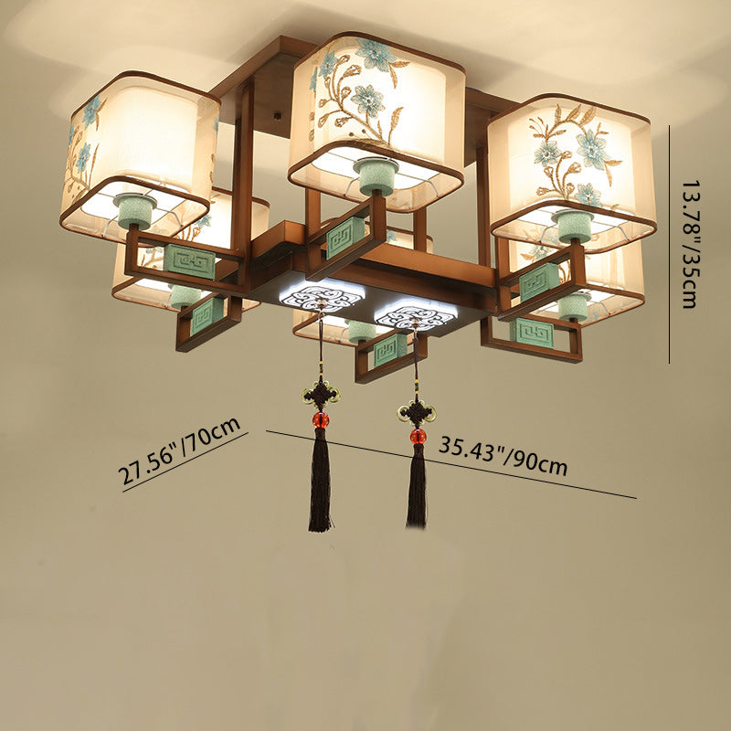 Traditional Chinese Square Fabric Pattern Embroidery Lampshade Chandelier – 4/6/8 Light for Living Room