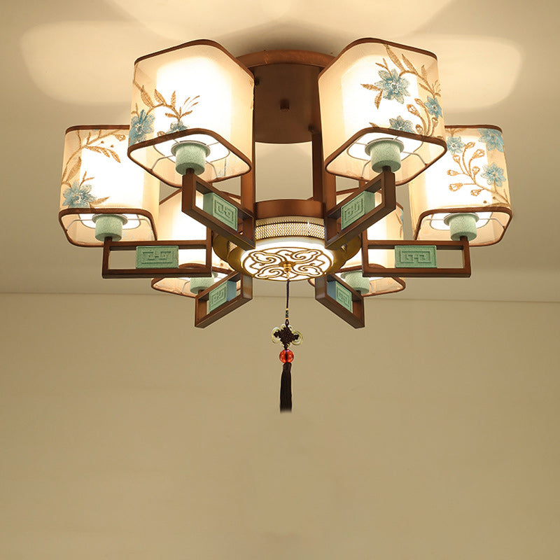 Traditional Chinese Square Fabric Pattern Embroidery Lampshade Chandelier – 4/6/8 Light for Living Room