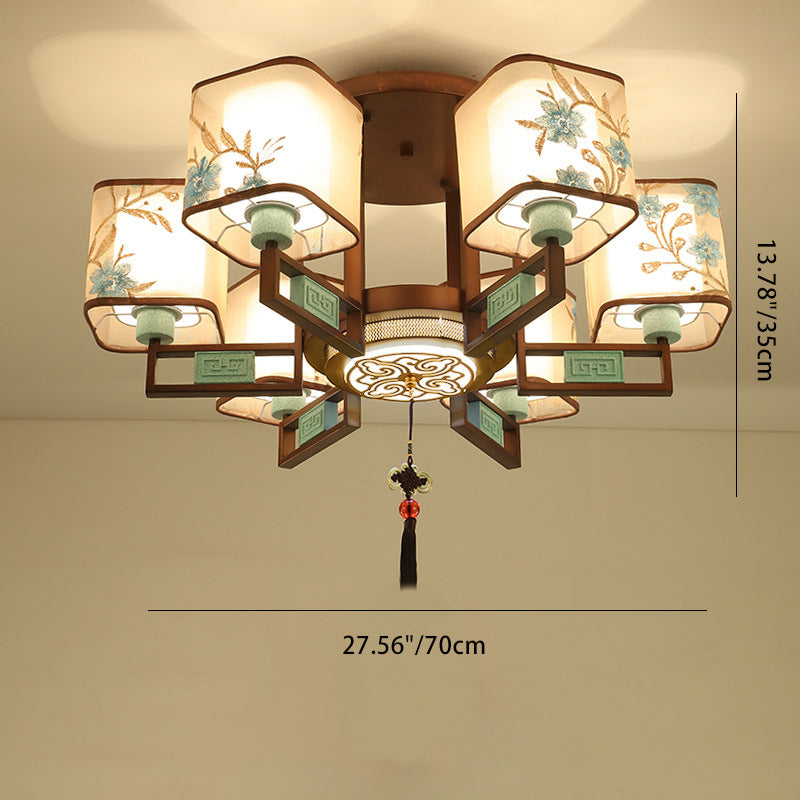 Traditional Chinese Square Fabric Pattern Embroidery Lampshade Chandelier – 4/6/8 Light for Living Room