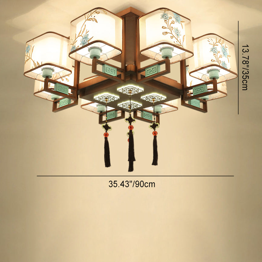 Traditional Chinese Square Fabric Pattern Embroidery Lampshade Chandelier – 4/6/8 Light for Living Room