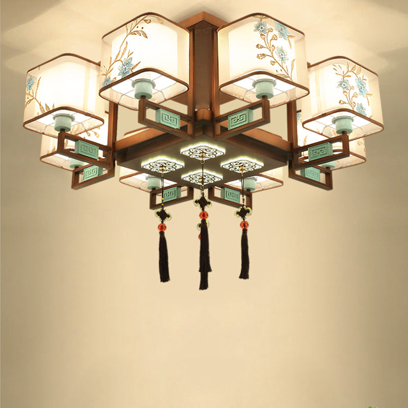 Traditional Chinese Square Fabric Pattern Embroidery Lampshade Chandelier – 4/6/8 Light for Living Room