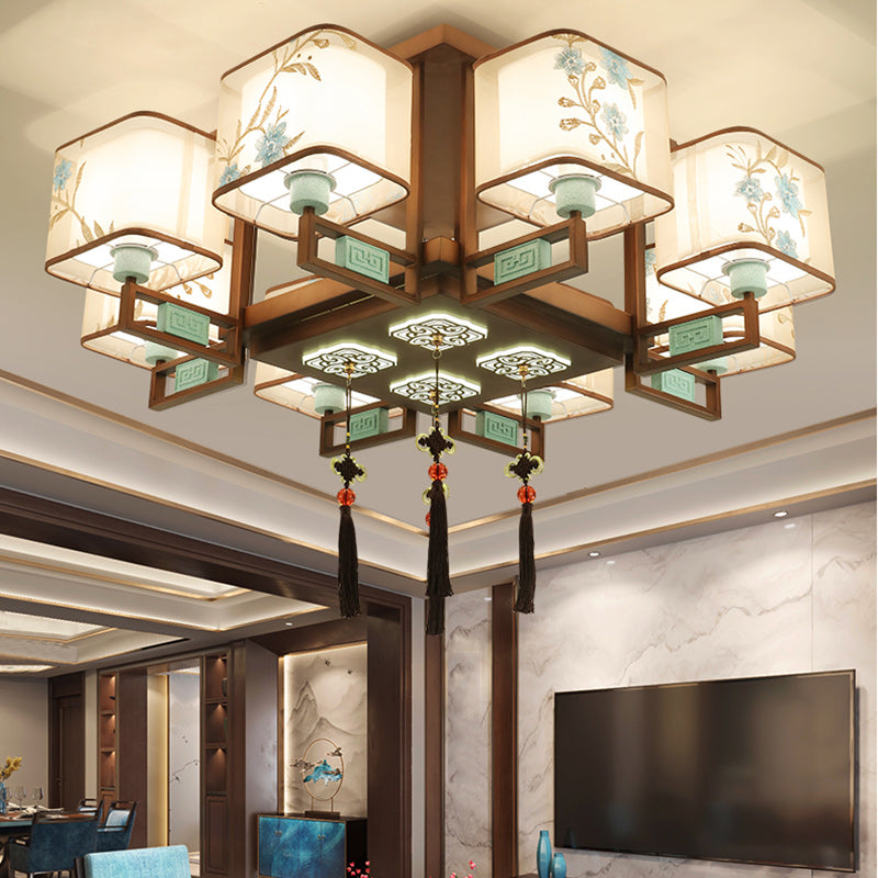 Traditional Chinese Square Fabric Pattern Embroidery Lampshade Chandelier – 4/6/8 Light for Living Room