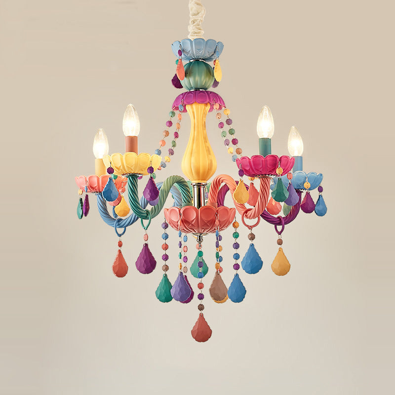 Contemporary Macron Candle Resin Iron Glass 5-Light Chandelier for Living Room