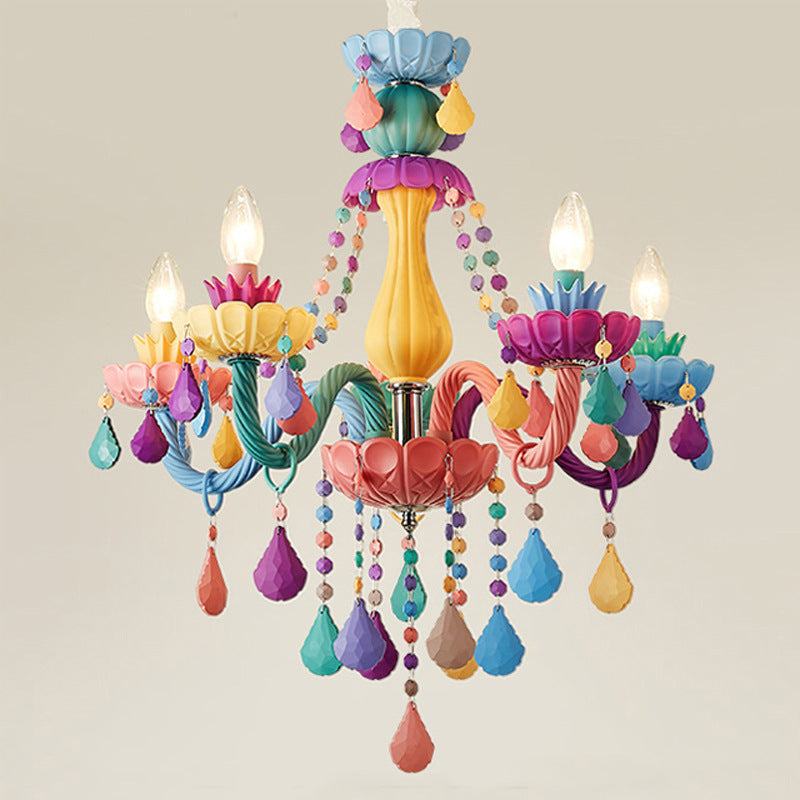 Contemporary Macron Candle Resin Iron Glass 5-Light Chandelier for Living Room