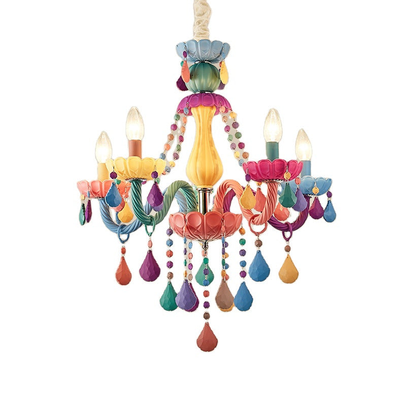 Contemporary Macron Candle Resin Iron Glass 5-Light Chandelier for Living Room